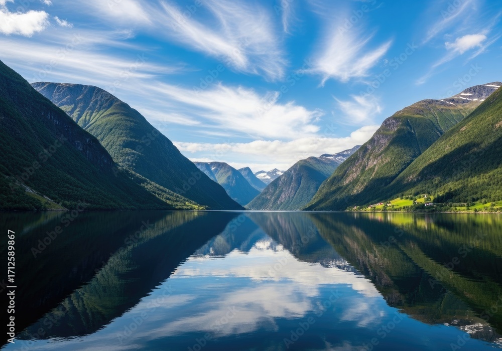 Fototapeta premium Fjord Surrounded by Green Mountains Reflecting in Still Water Under Bright Sky