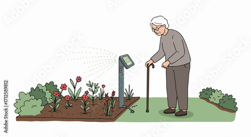 Elderly person engages in smart gardening, watering vibrant red flowers with automated irrigation system. Smart gardening solutions empower seniors to enjoy nature.