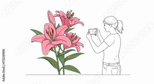 Capturing flower photography with smartphone, woman taking picture of blooming lilies on white backdrop. Flower photography shows floral arrangement in bloom, woman using device.