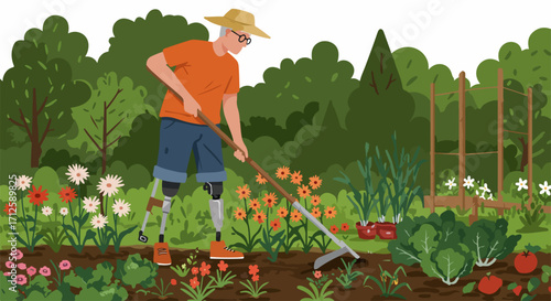 Person gardening in backyard with hoe among flowers, plants, tomatoes, and cabbages. Person gardening in backyard, tilling the soil wearing orange shirt, straw hat, eyeglasses, and shorts.