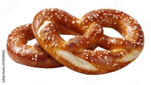 Golden brown pretzel with salt crystals isolated on transparent background