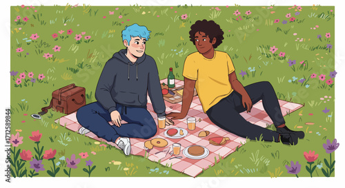 Two friends enjoying a picnic, a delightful picnic depicted with blanket on grass. Picnic includes fruits, orange juice and wine, while two friends, one with blue hair and one with afro,