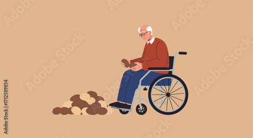 Old man in wheelchair with potatoes, he is holding potatoes and looking at it, potatoes lying on floor. Old man is elderly farmer with agriculture products. Concept old man holding potatoes.