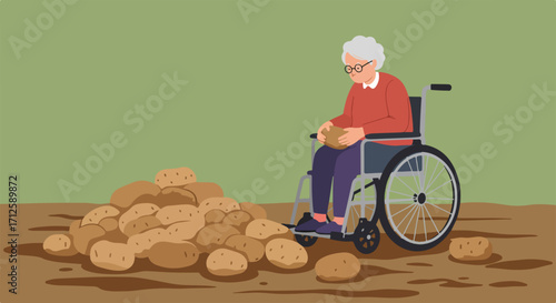 Elderly woman with potato harvest with vegetables scattered on ground. Potato harvest shows agricultural labor and produce. Harvesting potatoes is hard work for seniors, symbolizing age,