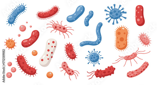 Colorful flat microbes and bacteria on white background