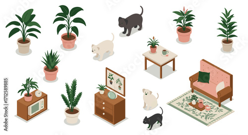 Cozy indoor scene with playful pets and lush plants in isometric style