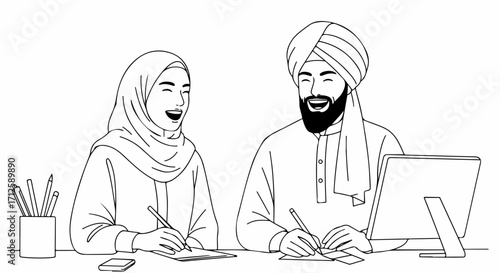 Line art shows diverse team collaborating at desk, smiling. Diverse team features woman in hijab, man in turban, writing notes. Concept for inclusive diverse team environment,