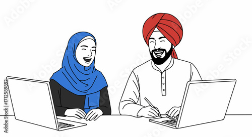 Diverse team working together showcases collaboration among colleagues with laptops. Diverse team at work, smiling and writing notes, represents intercultural communication and shared success.