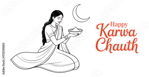 Traditional Indian woman with karwa pot gazing at crescent moon during Karwa Chauth ritual, symbolizing devotion and cultural heritage