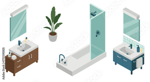 Modern bathroom set with isometric furniture and fixtures