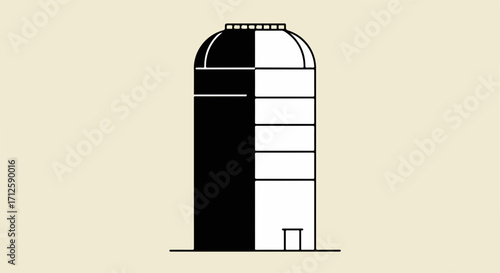 Tall storage silo in black and white, shows a modern minimalist design. Storage silo, iconic symbol of agriculture and industry, emphasizes geometric shapes, clean lines, and a two tone color palette.