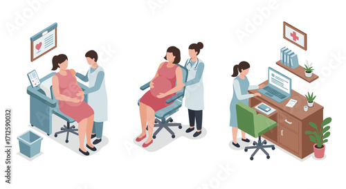 Isometric pregnant woman in medical checkup scenes with doctor and nurse