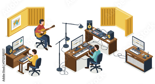 Music production studio with musicians recording and mixing in isometric design