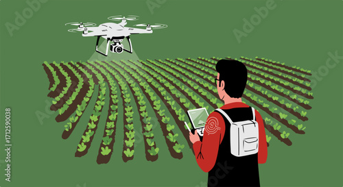 Agricultural technology enhances farming with advanced drone in field. Agricultural technology with drone enhances field surveying, crops monitoring. Modern agricultural technology solutions,