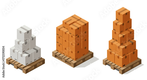 Isometric warehouse pallets with stacked boxes for logistics and storage