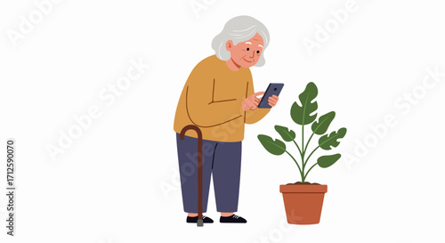 Elderly woman smartphone usage, holding device with walking stick beside potted plant. Elderly woman smartphone interaction for digital communication, exploring modern technology.