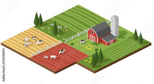Isometric farm landscape featuring cows, barn, and fields with trees