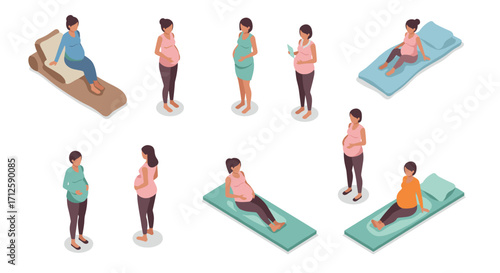 Pregnant women isometric set: relaxing, exercising, and meditating in various poses