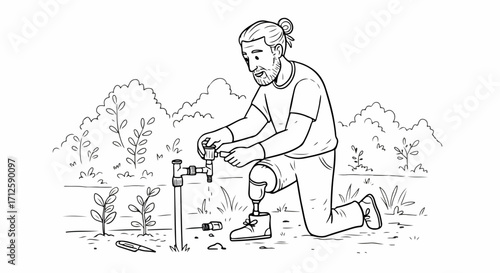 Man prosthetic leg kneeling in garden, performing outdoor maintenance on water tap with tool. Man prosthetic leg demonstrates resilience and adaptability while fixing irrigation system.