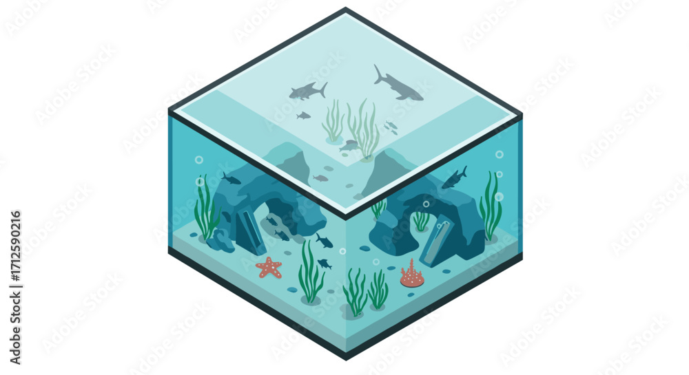 Fototapeta premium Isometric aquarium with sharks and coral reef in 3d perspective