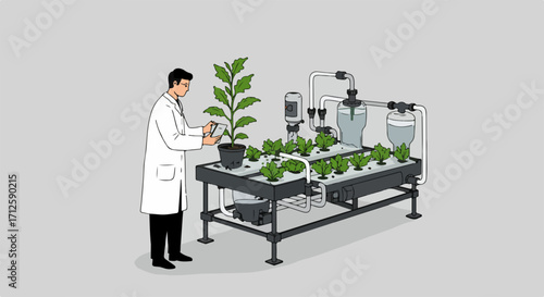 Modern vertical farming displayed with scientist in laboratory coat for agriculture studies. Vertical farming includes studying plants with tablet in modern laboratory.