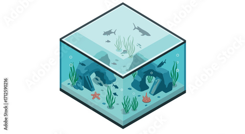 Isometric aquarium with sharks and coral reef in 3d perspective