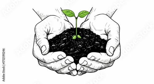 Hands holding seedling illustration, depicting new life emerging from rich soil, symbolizing growth. Sketch art hands nurture earth and seedling,