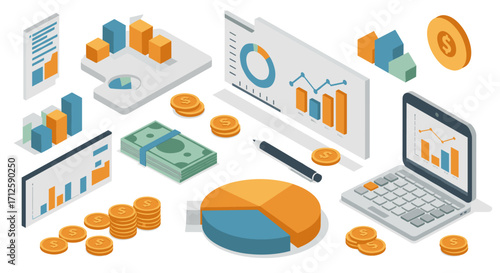 Isometric financial analysis with charts and money in office setup