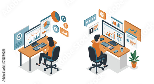 Isometric office workflow: team analyzing digital data and collaborating on projects