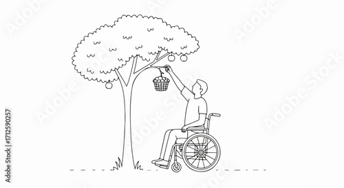 Person in wheelchair picking apples from tree. Picking apples from tree can be an activity that everyone can enjoy.