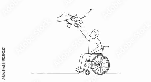 Man in wheelchair reaching for apples on tree branch, accessible fruit picking orchard. The man in wheelchair reaches for fresh apples, symbolizing inclusivity and determination.