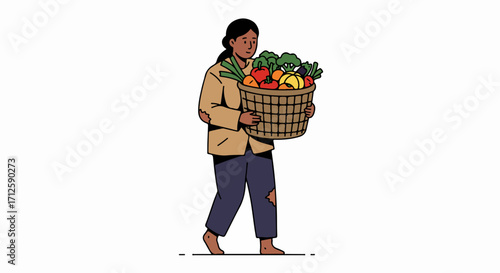 Woman carrying produce in wicker basket full of ripe vegetables, ready for market. Fresh produce includes assortment of fruits and greens, basket adds rustic charm.
