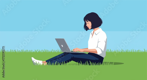 Freelance work illustrated with young woman sitting in park using laptop computer for freelance work. Freelance work concept shows a freelancer working remotely outdoors,