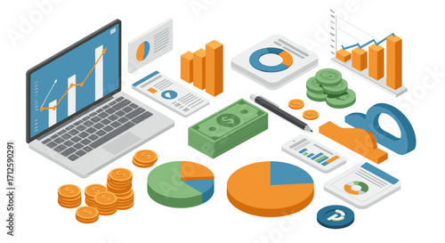 Isometric business analytics with laptop, graphs, and currency symbols