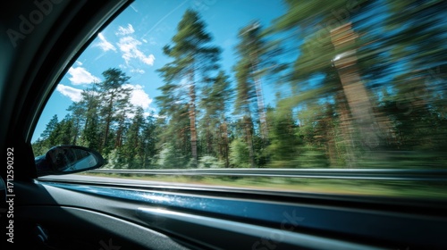 Dynamic motion blur view from a car window driving fast along a highway through a pine forest on a sunny day.