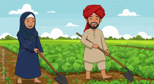 Illustrative Muslim farmer working in field with turbaned companion. Cartoon farming setup depicts woman and man participating in cultivating crops.