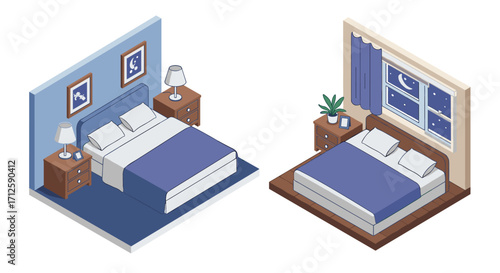 Cozy bedroom designs in isometric view featuring nighttime themes