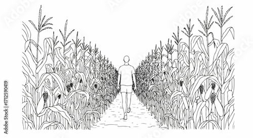 Walking through corn field, man walks through corn field on farmland. Rural landscape man walks through corn field, surrounded with corn stalks. Conceptual scene of walk, exploration, farming.
