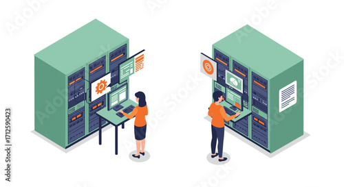 Isometric data center management with it professionals and server equipment