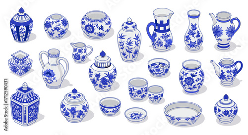 Classic blue and white porcelain collection with floral patterns