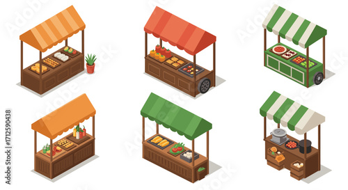 Isometric market stalls with food and colorful awnings for outdoor events