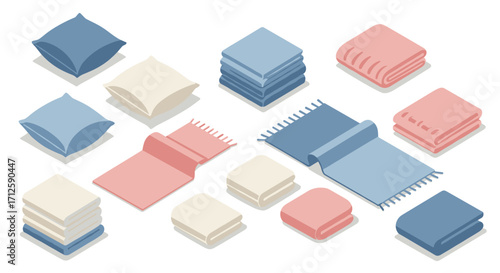 Cozy home essentials: isometric pillows, blankets, and towels in soft pastels