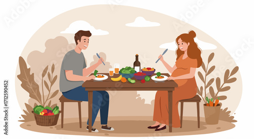 Couple eating together during pregnancy, sharing lunch at table in garden. Eating together, enjoying healthy food with partner, sharing special time before childbirth.