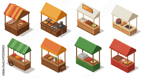 Collection of colorful market stalls with assorted food in isometric style
