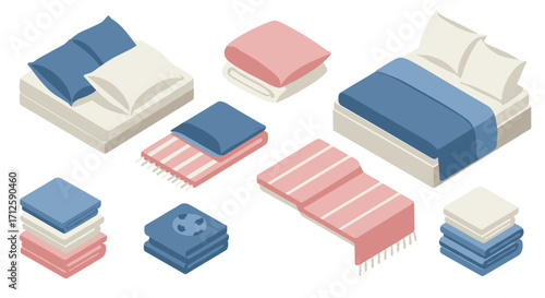 Isometric bedroom elements: beds, pillows, blankets, and bedding sets in soft pastel colors