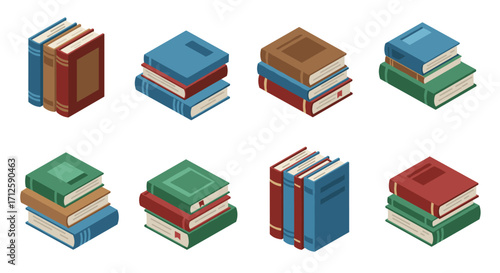 Colorful isometric book piles for education and reading themes
