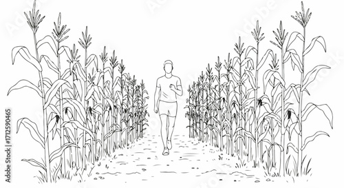 Corn field path drawing shows figure walking through crop landscape, creating sense of perspective. Scenic drawing of corn field path shows perspective through corn stalks along the gravel path.