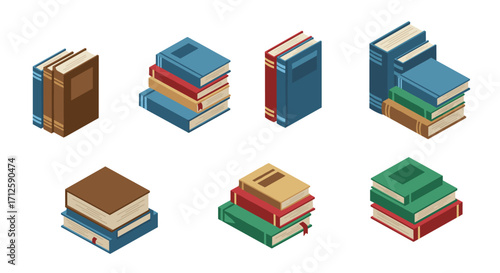 Isometric set of colorful books in various arrangements and styles