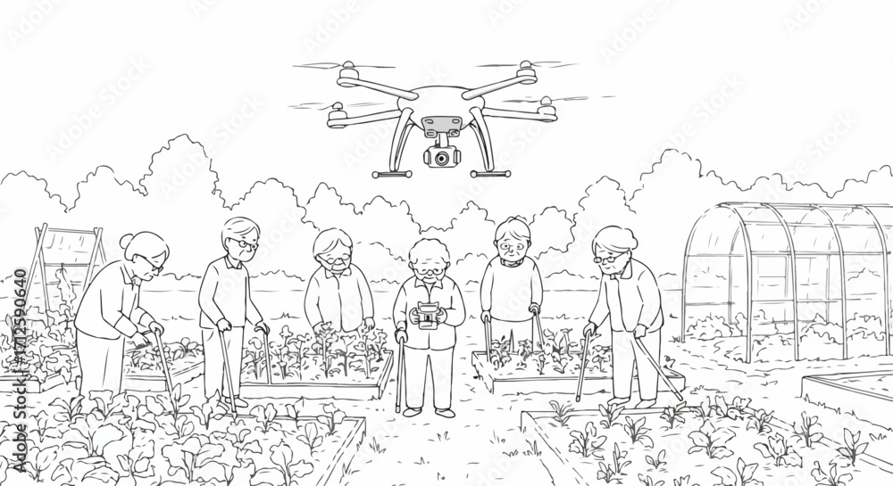 Obraz premium Cartoon community garden features diverse gardeners tending raised garden beds, overseen by a modern drone. Community garden is an illustration of people of different ages working together,