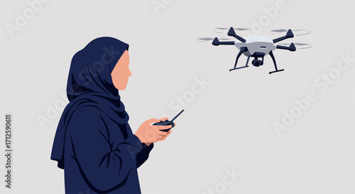 Woman controls drone. Female pilot operating drone with remote controller. Drone technology is the future, showing remote control of technology,